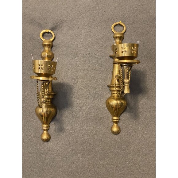 Vintage Brass Wall Sconce Candle Holders 2-Piece Set MCM Regency Made in India - Picture 6 of 9